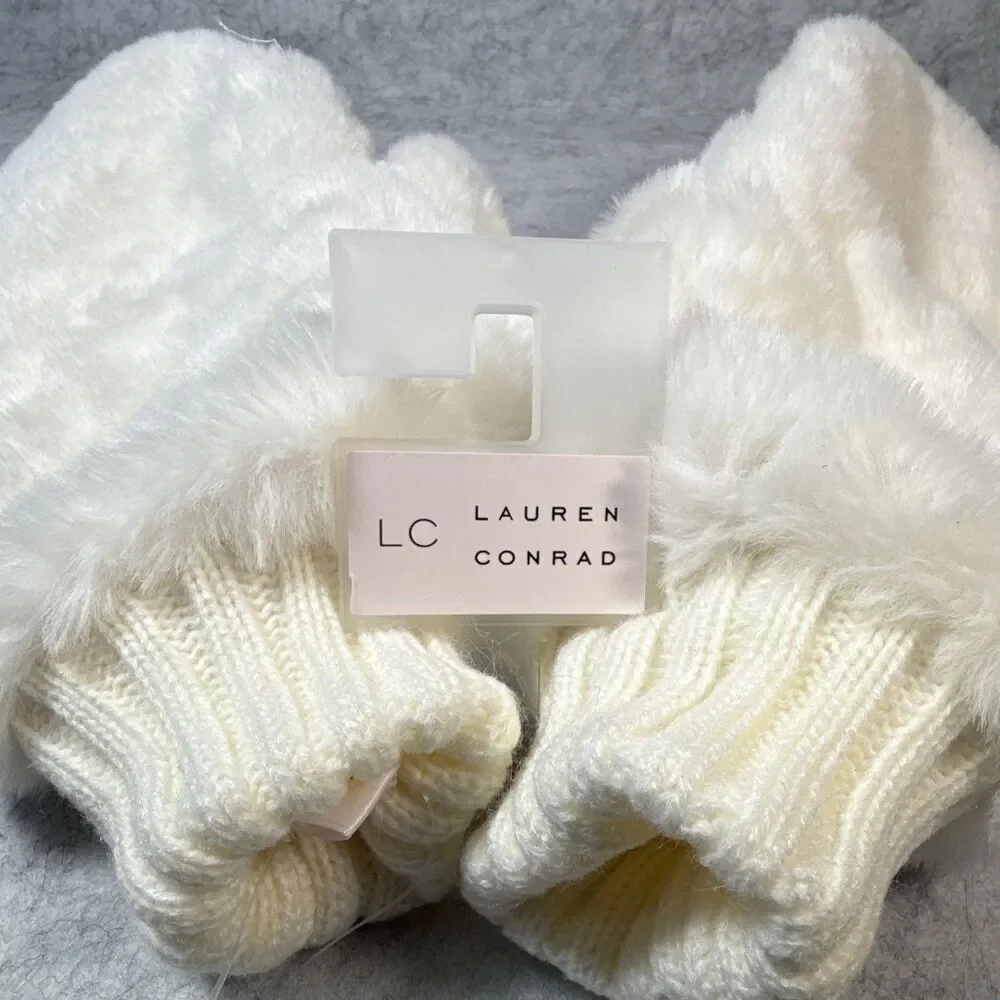 LC Lauren Conrad Women's White Faux Fur Knit Mittens Ribbed Cuff One Size